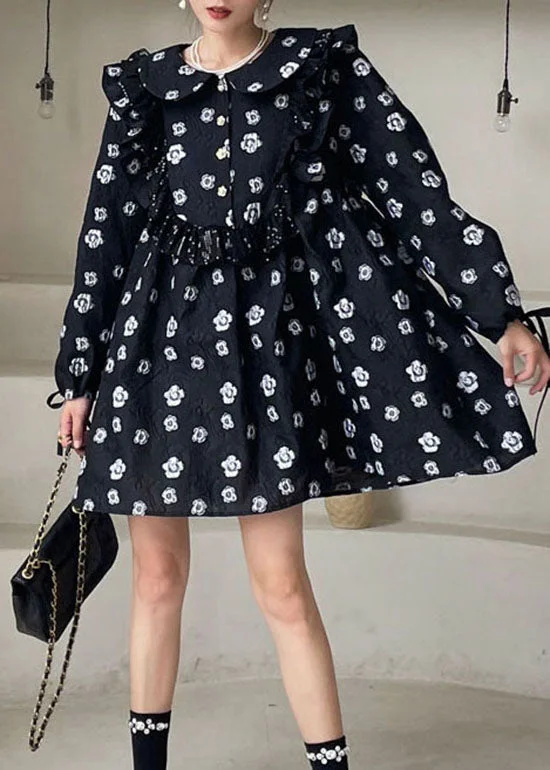 Plus Size Black Print Floral Ruffled Mini Dress Spring Chic Puff Sleeve Mini Dress