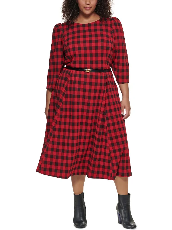 Plus Womens Checkered Calf Midi Dress Comfortable Empire Waist Midi Dress