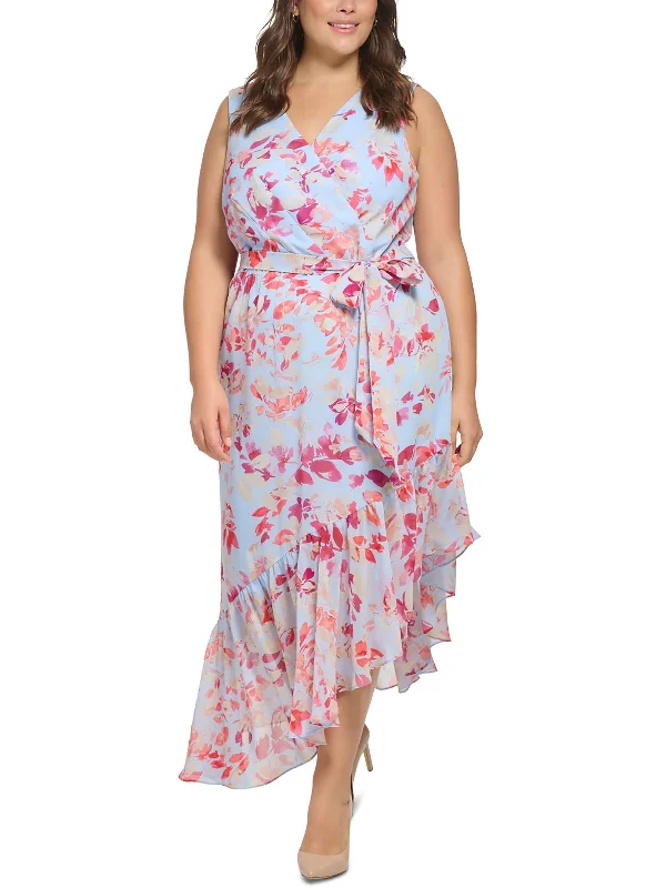 Plus Womens Chiffon Asymmetric Midi Dress Elegant Floral Appliqué Midi Dress