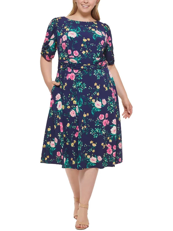 Plus Womens Floral Print Calf Midi Dress Trendy Tiered Hem Midi Dress