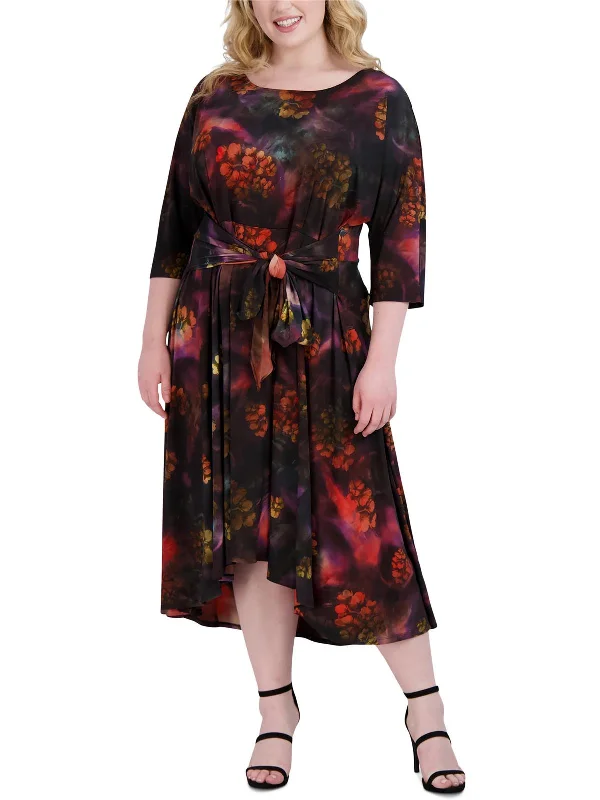 Plus Womens Floral Print Tea Midi Dress Elegant V-Neck Midi Dress