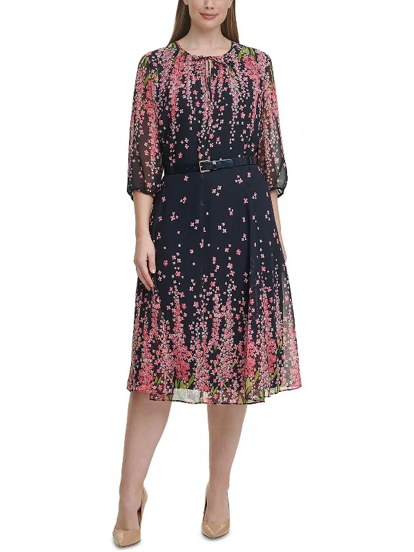 Plus Womens Floral Printed Calf Midi Dress Stylish Satin Midi Dress