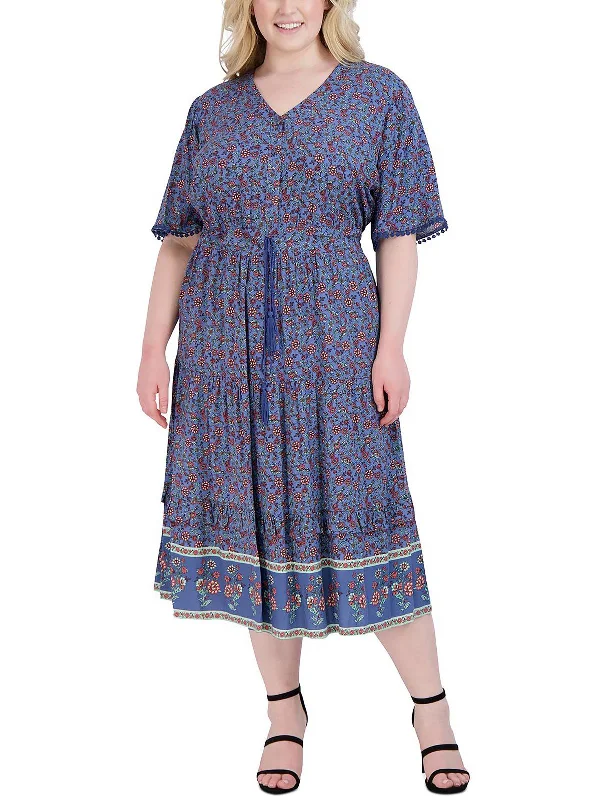 Plus Womens Printed Long Midi Dress Elegant Pleated Sleeve Midi Dress