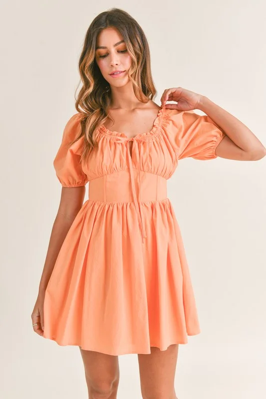 Poplin Mini Dress w/ Corset Detail Stylish Puff Sleeve Mini Dress