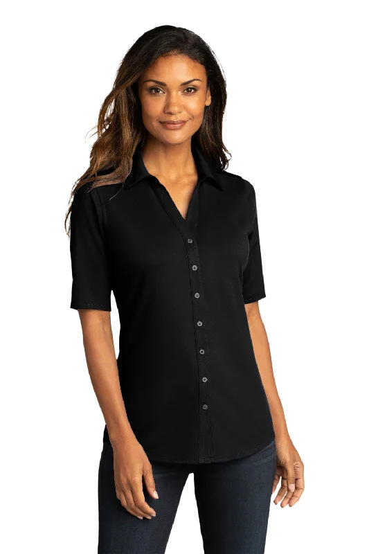 Port Authority Womens City Moisture Wicking Short Sleeve Button Down Shirt - Black Casual Slouchy Short Sleeve