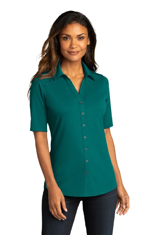 Port Authority Womens City Moisture Wicking Short Sleeve Button Down Shirt - Dark Teal Green Comfortable Short Sleeve Tee