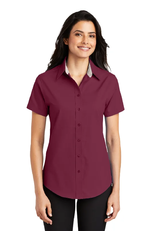 Port Authority Womens Easy Care Wrinkle Resistant Short Sleeve Button Down Shirt - Burgundy Trendy Floral Print Tee