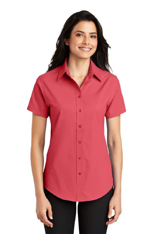 Port Authority Womens Easy Care Wrinkle Resistant Short Sleeve Button Down Shirt - Hibiscus Pink Trendy Turtleneck Short Shirt