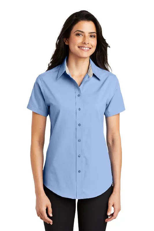 Port Authority Womens Easy Care Wrinkle Resistant Short Sleeve Button Down Shirt - Light Blue Chic Embellished Short Sleeve