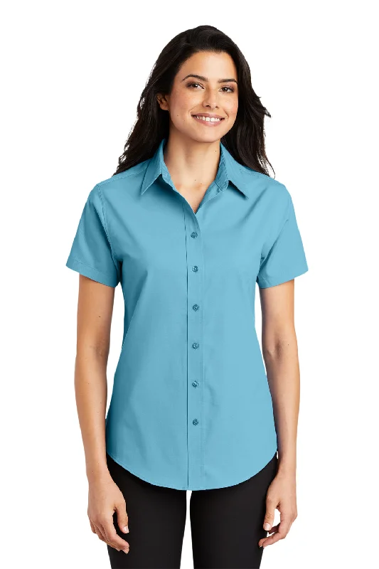 Port Authority Womens Easy Care Wrinkle Resistant Short Sleeve Button Down Shirt - Maui Blue Soft Cotton Short Tee