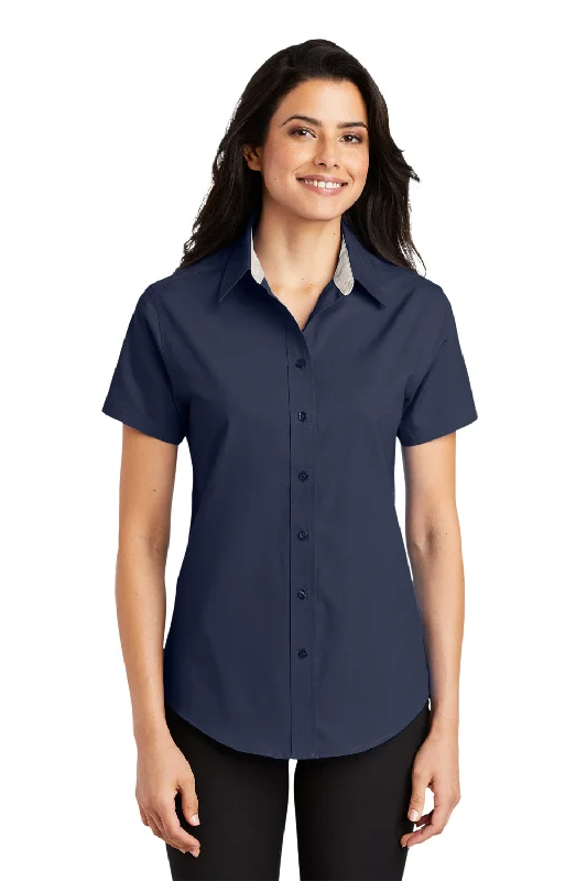 Port Authority Womens Easy Care Wrinkle Resistant Short Sleeve Button Down Shirt - Navy Blue Stylish Crew Neck Shirt