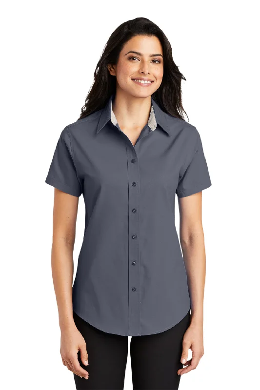 Port Authority Womens Easy Care Wrinkle Resistant Short Sleeve Button Down Shirt - Steel Grey Elegant Lace Short Sleeve