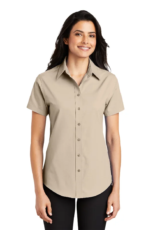 Port Authority Womens Easy Care Wrinkle Resistant Short Sleeve Button Down Shirt - Stone Brown Relaxed Fit Short Sleeve Top