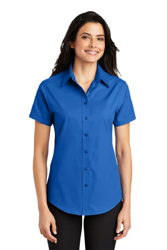 Port Authority Womens Easy Care Wrinkle Resistant Short Sleeve Button Down Shirt - Strong Blue Modern Casual Short Sleeve