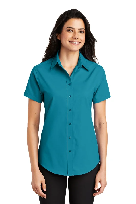 Port Authority Womens Easy Care Wrinkle Resistant Short Sleeve Button Down Shirt - Teal Green Elegant High-Low Short Shirt