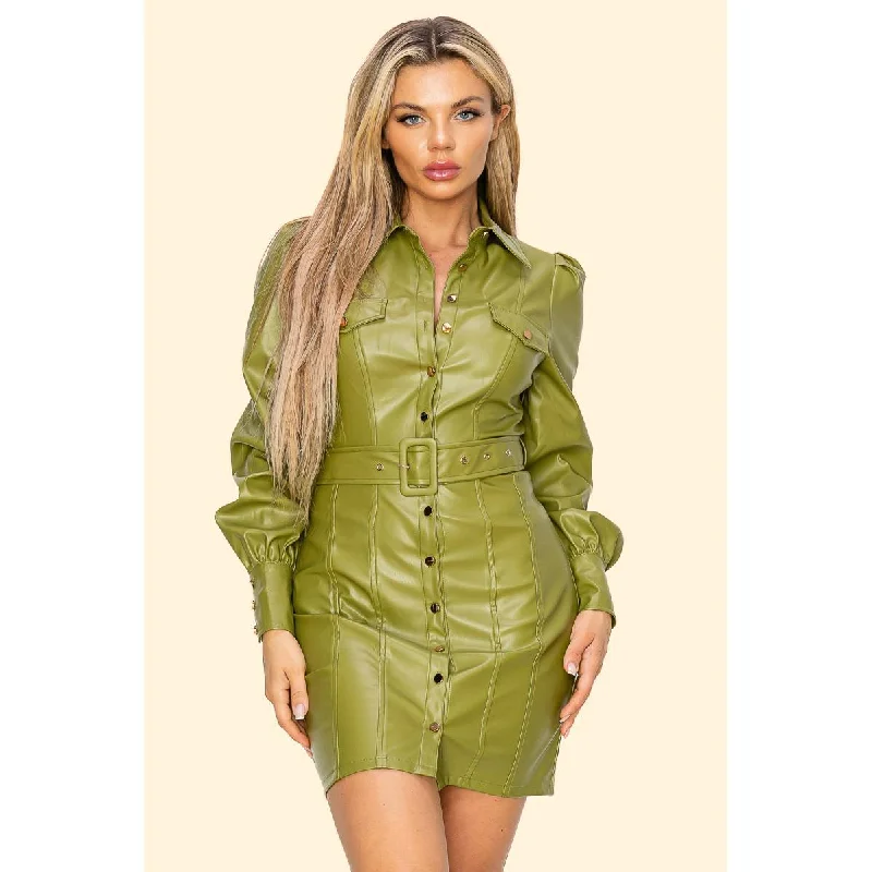 Pu Leather Long Sleeve Mini Dress Chic Puff Sleeve Mini Dress