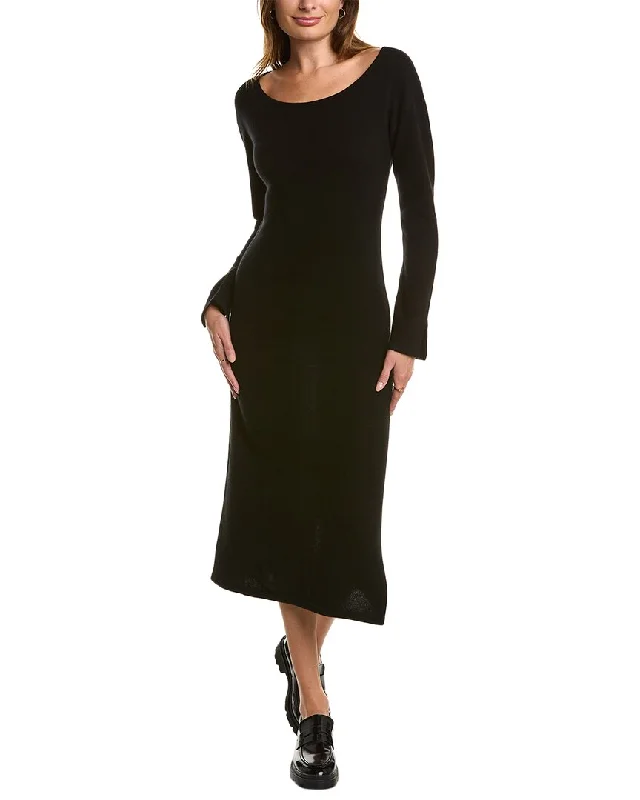 Qi Cashmere Boat Neck Cashmere Midi Dress Comfortable Fit-and-Flare Midi Dress