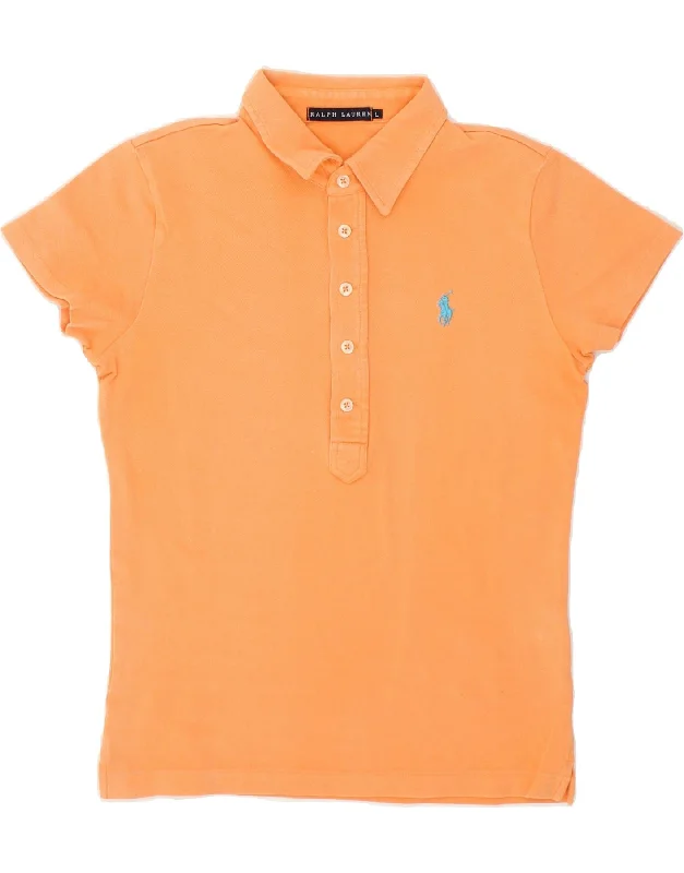 RALPH LAUREN Womens Polo Shirt UK 14 Large Orange Elegant Longline Short Shirt