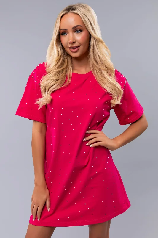 Raspberry Studded Short Sleeve Mini Dress Classic Floral Print Mini Dress