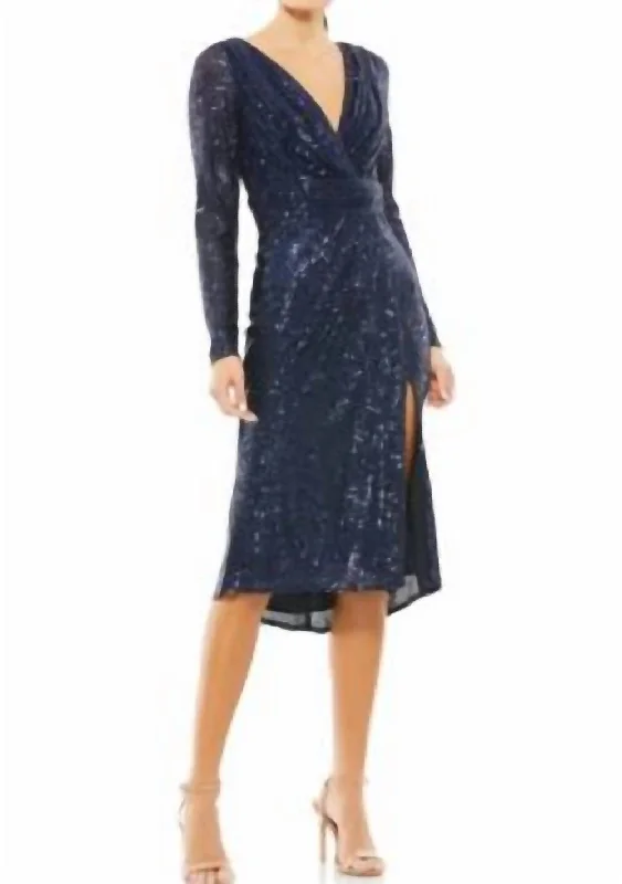 Sequin Long Sleeve Midi Dress In Midnight Elegant Satin Midi Dress