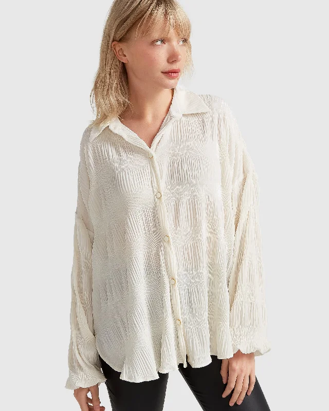 Serenade Velvet Plisse Shirt - Off-White Relaxed Fit Short Shirt