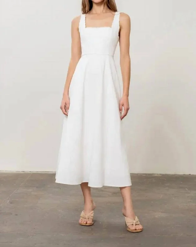 Sleeveless Scallop Shirred Midi Dress In White Trendy Midi Dress with Belt