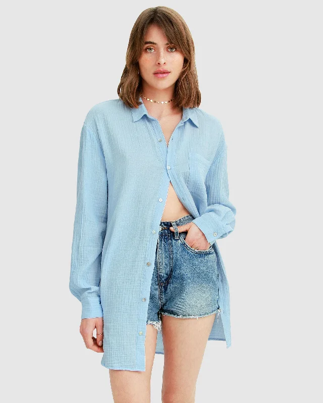 South Coast Oversized Shirt - Light Blue FINAL SALE Chic Embellished Short Sleeve