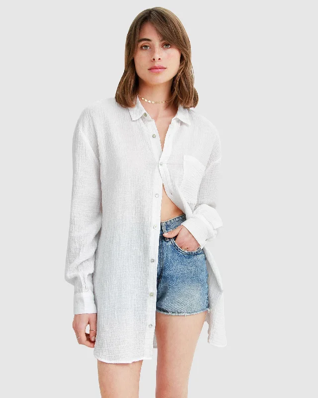 South Coast Oversized Shirt - White Trendy Short Sleeve Tunic