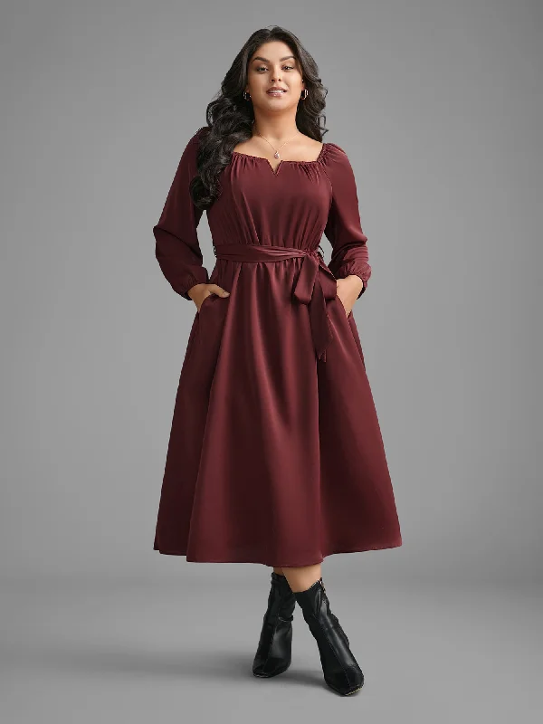 Square Neck Gathered Belted Midi Dress Fashionable Fitted Midi Dress