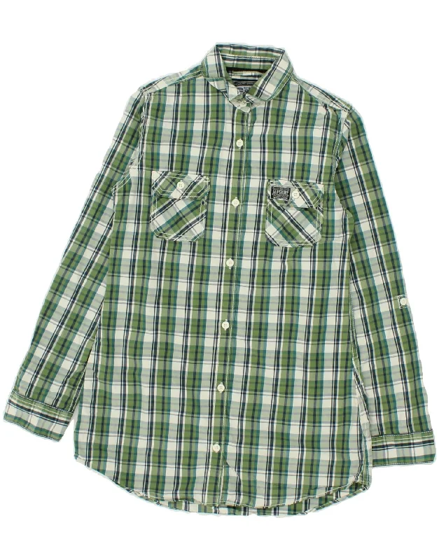 SUPERDRY Womens Shirt UK 14 Medium Green Check Cotton Comfortable Short Sleeve Tunic