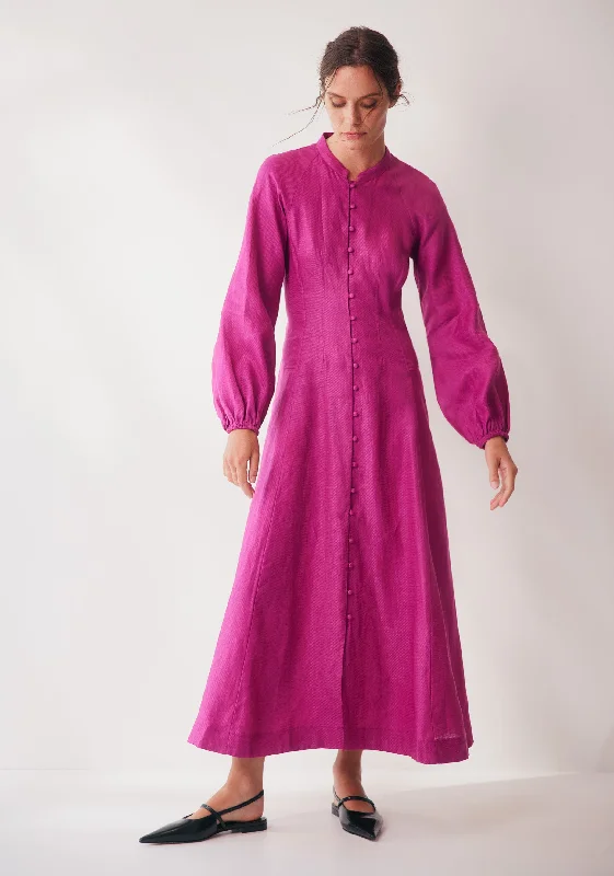 Tilly Linen Midi Dress_Fuchsia Trendy A-Line Midi Dress