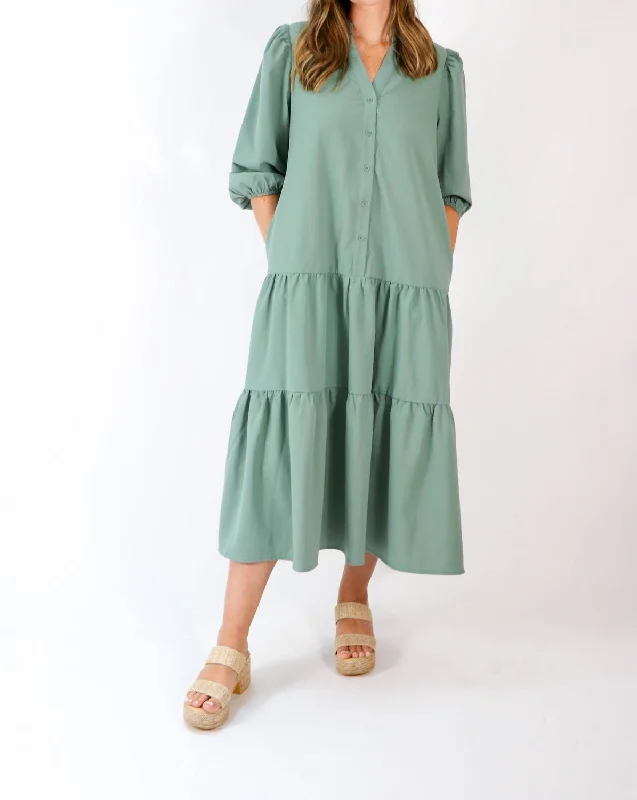 Timeless Tiered Midi Dress In Green Trendy Ruffled Sleeve Midi Dress