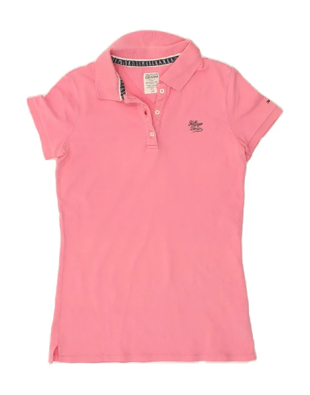 TOMMY HILFIGER Womens Polo Shirt UK 12 Medium Pink Cotton Casual Cotton Short Shirt