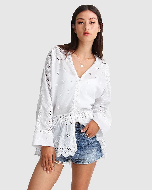 Unbutton Me Eyelet Button Down Shirt - White Elegant Off-Shoulder Short Shirt