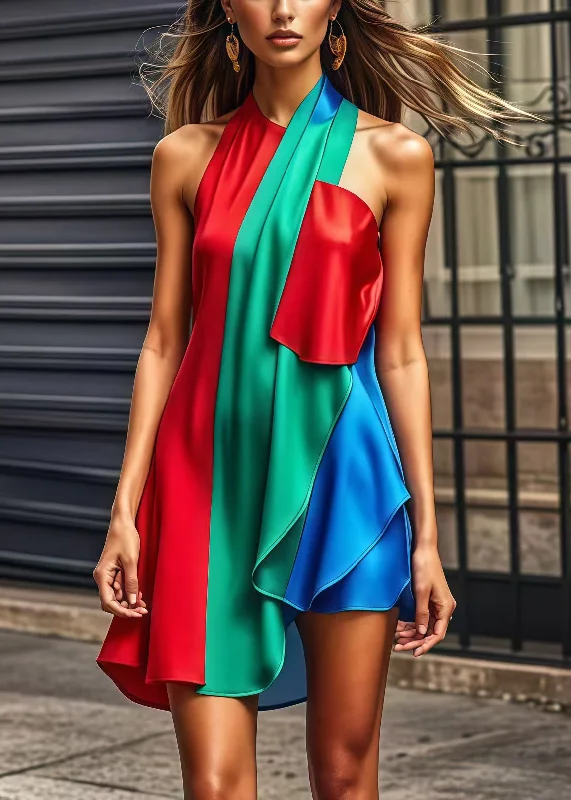 Unique Colorblock Cold Shoulder Patchwork Silk Mini Dresses Summer Cozy Ribbed Mini Dress