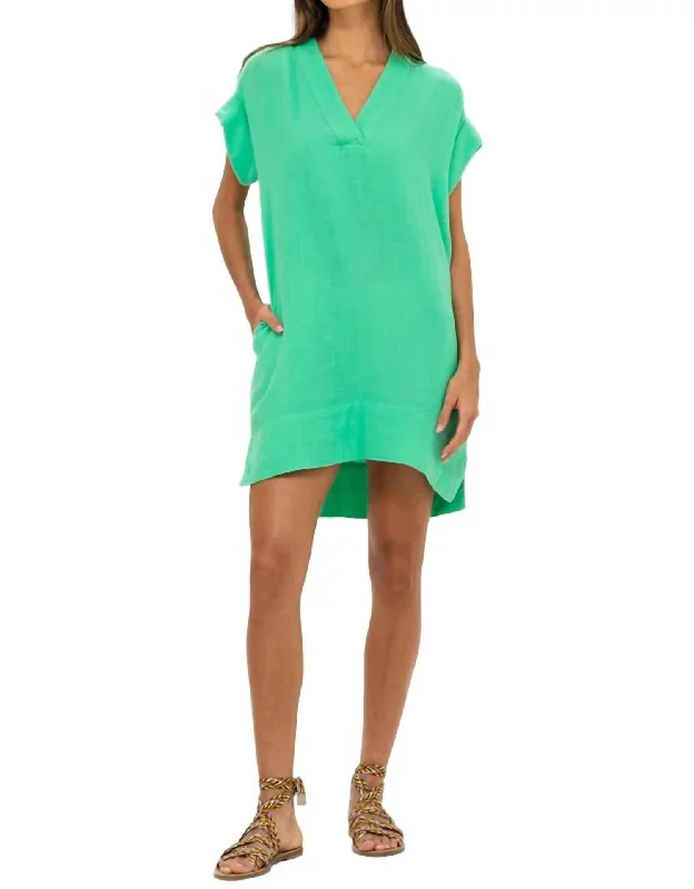 V-Neck Mini Dress In Bahama Green Fashionable Pleated Mini Dress