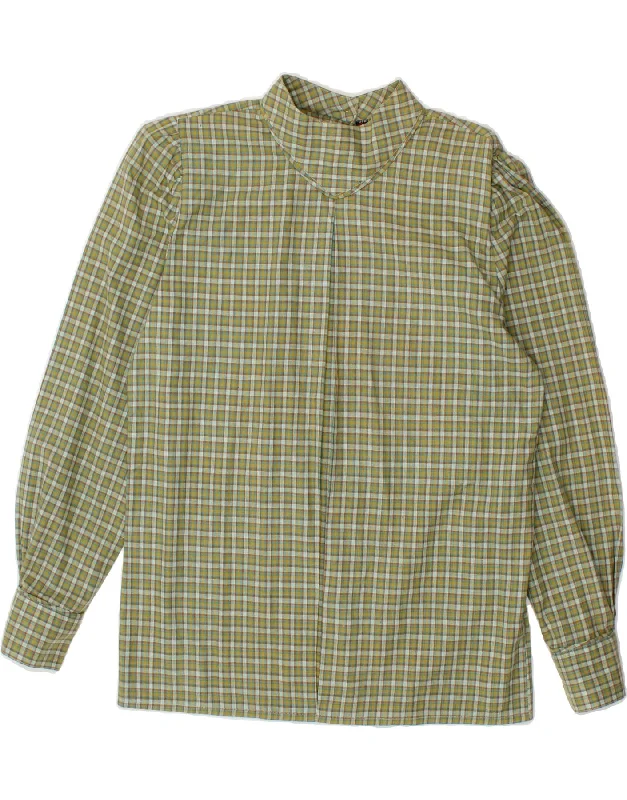 VINTAGE Womens Shirt Blouse IT 44 Medium Green Check Cotton Cozy Knit Short Sleeve Top