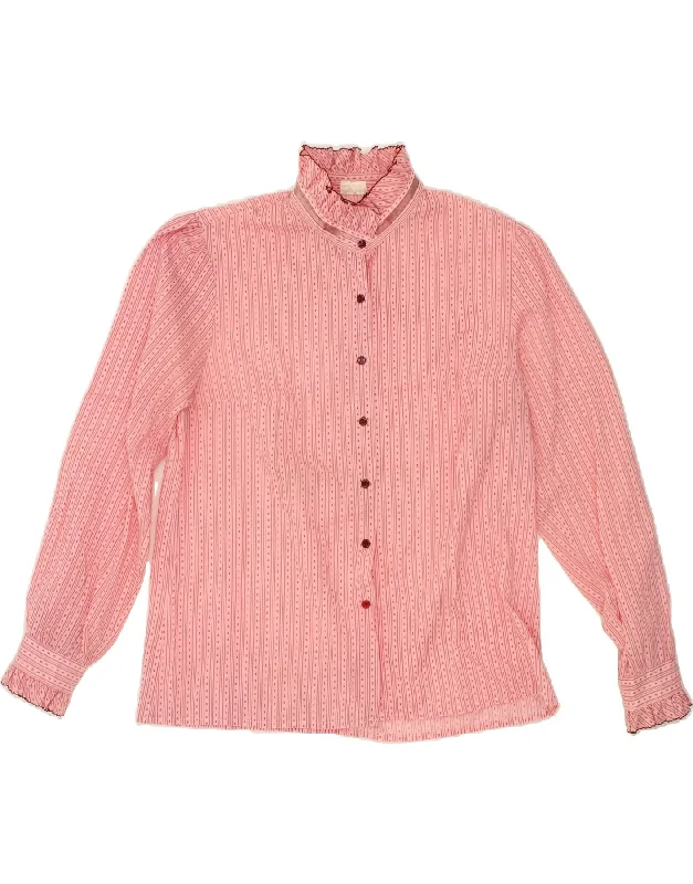 VINTAGE Womens Shirt Blouse IT 44 Medium Pink Striped Polyester Classic V-Neck Short Shirt