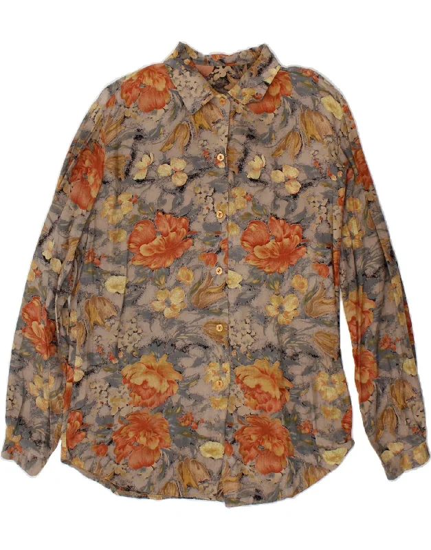 VINTAGE Womens Shirt Blouse UK 18 XL Grey Floral Fashionable Pleated Short Shirt