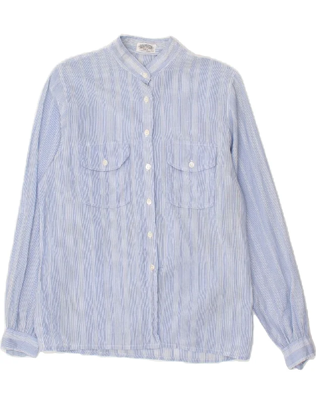 VINTAGE Womens Shirt EU 42 Large Blue Striped Fashionable Sheer Short Shirt