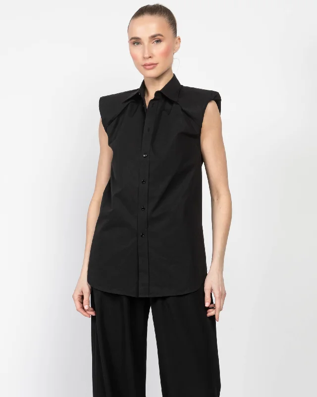 Sleeveless Shoulder Shirt Fashionable Button-Front Short Sleeve