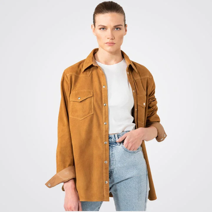 Women Camel Suede Leather Shirt Casual Button-Up Short Tee