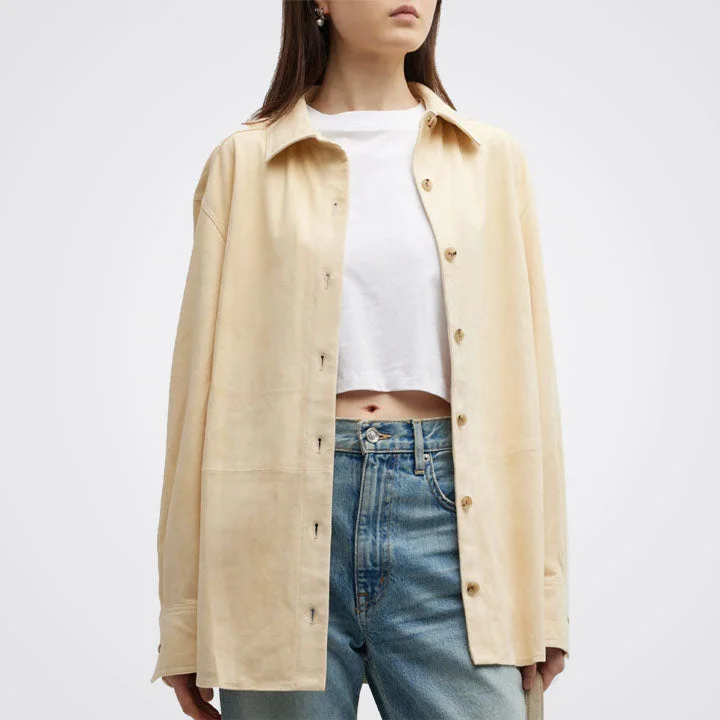 Women Crème Oversized Suede Leather Shirt Soft Silk Short Sleeve