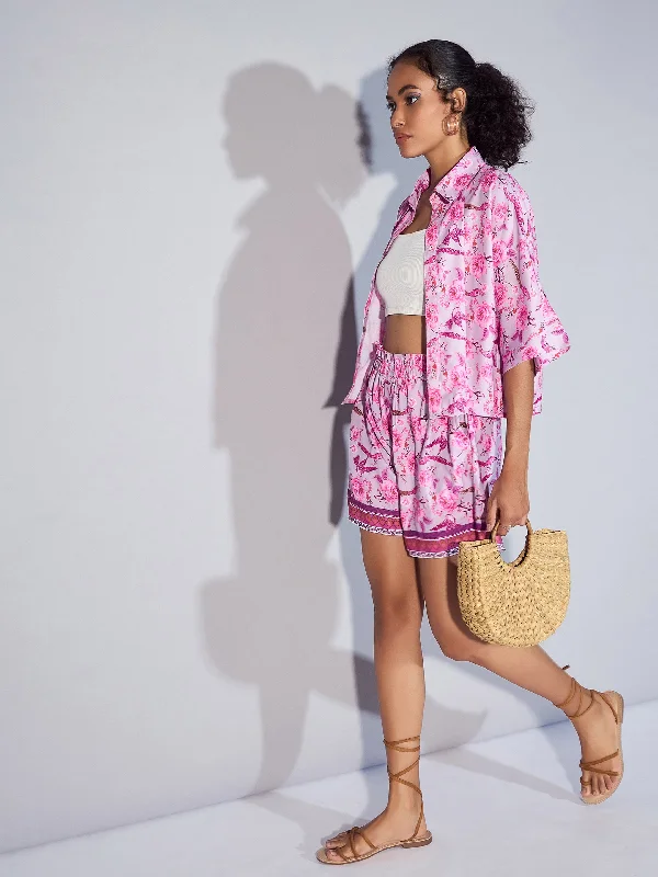 Women Pink Floral Boxy Shirt With Paperback Shorts Chic Silk Short Sleeve Shirt