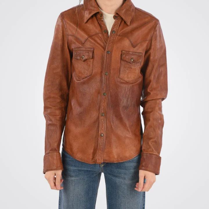 Women Waxed Brown Real Sheepskin Button Up Leather Shirt Casual Oversized Short Shirt