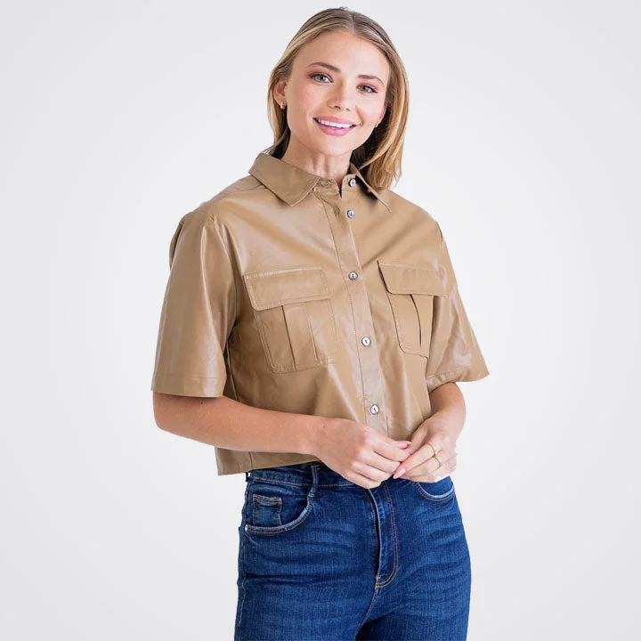 Women's Beige Lambskin Leather Mini Shirt Relaxed Short Sleeve Tee