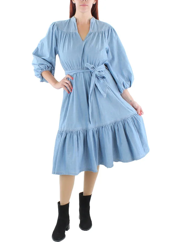 Womens Chambray Ruffled Midi Dress Stylish Vintage Midi Dress