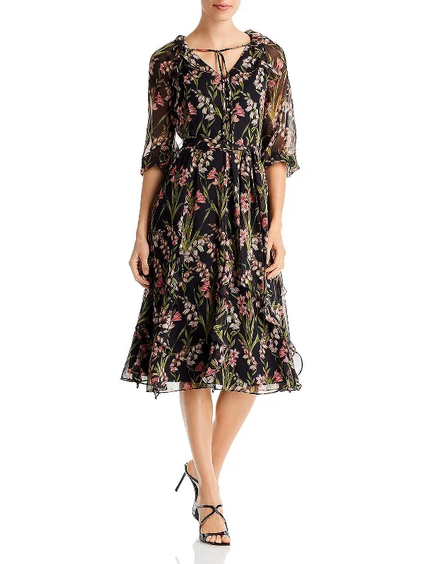 Womens Chiffon Calf Midi Dress Trendy Floral Wrap Midi Dress