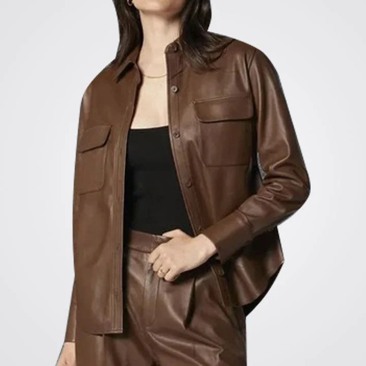 Women's Chocolate Brown Biker Style Leather Shirt Fashionable Rounded Short Shirt