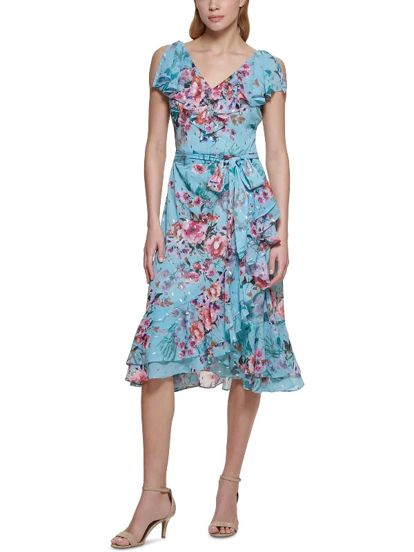 Womens Floral Calf Midi Dress Stylish Midi Dress with Cuffs